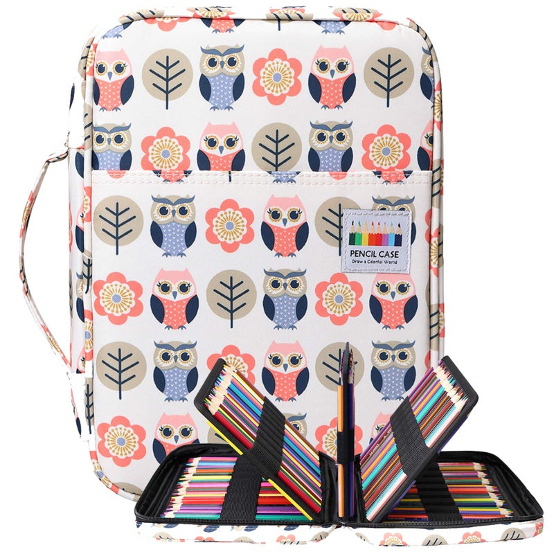 BOMKEE Coloring Pencil Case 220 Slots Pencils/Gel Pens Organizer Waterproof Travel Case Zipper Carrying Portable Pencil Markers Pen Holder Bag for Painter Writers (Cartoon Owl) - Image 1